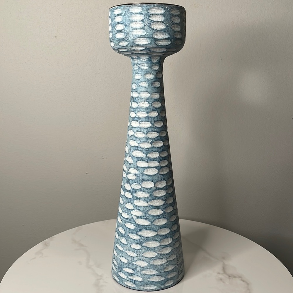 Pier 1 whitewashed blue and white candle holder